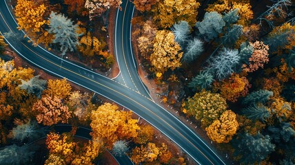wonderful landscape of a pine forest from a bird's eye view through which a road leads, image made by artificial intelligence
