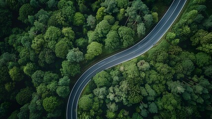 wonderful landscape of a pine forest from a bird's eye view through which a road leads, image made by artificial intelligence