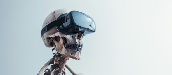 Obraz premium Skeleton wearing virtual reality headset, technologies of the future for everyone