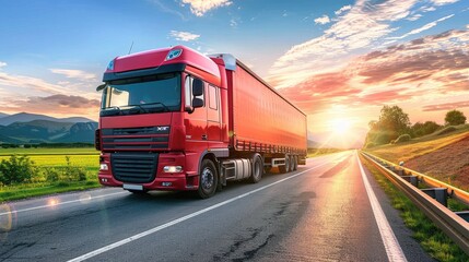 Vibrant Red Semi-Truck Racing Through Scenic Landscape at Sunrise/Sunset