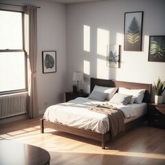 Modern bedroom with natural light, featuring a large bed, wooden floor, and framed botanical prints on the wall.