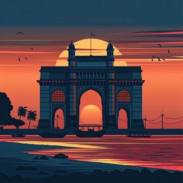 Sunset Silhouette of Gateway of India in Mumbai