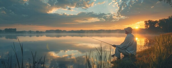 A fisherman sits on the edge of a lake and fishes at sunrise. - Powered by Adobe