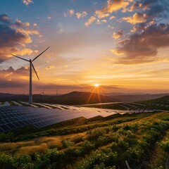 A field of solar panels and wind turbines at sunset.
