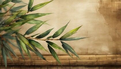 Vintage traditional Japanese mockup, bamboo leaves on wood background paper. Painting on old paper