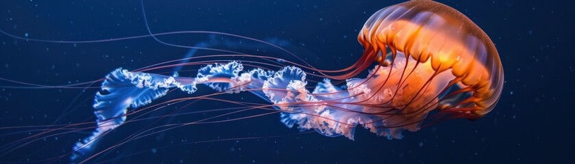 A glowing jellyfish with long tentacles in the dark blue ocean.