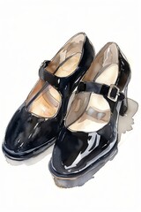 Mary Jane shoes, glossy black, watercolor, front angle, delicate buckle