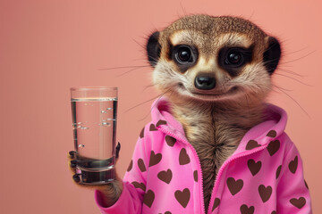 Meerkat in cozy pink heart patterned pajama holding a glass with clear water, wellness and hydration concept