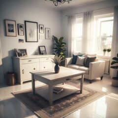 A cozy and well-lit living room featuring a white sofa, a wooden coffee table, and elegant decor. Sunlight streams through large windows, enhancing the serene ambiance.