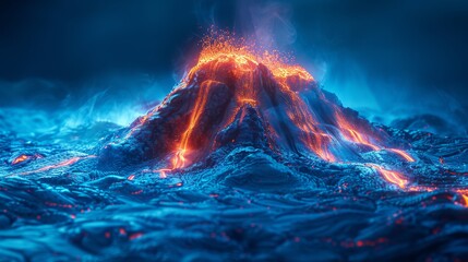 Erupting volcano illuminated in captivating blue light creating a magical landscape