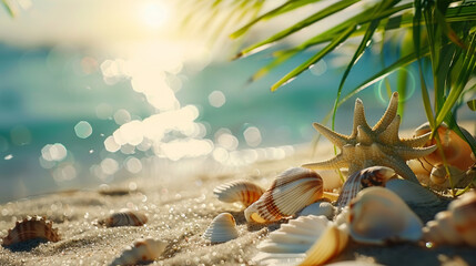 Tropical atmosphere: Palm leaf in the sun on sea background...Holiday: Shells, palm trees and sea in a single shot. - 790226601