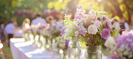 A wedding table was set with purple and white flowers in mason jars, with the focus on the center...