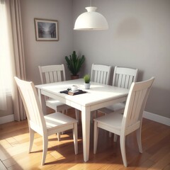 A cozy dining area with a white table and chairs, a pendant light, and a potted plant in a sunlit room.