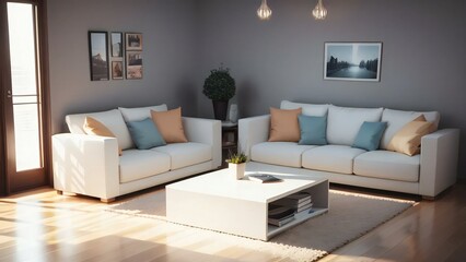 Modern living room with two white sofas, a coffee table, and wooden flooring illuminated by natural light from a large window.