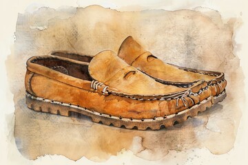 Moccasins, suede effect, watercolor, earthy tan, side view, stitched edges