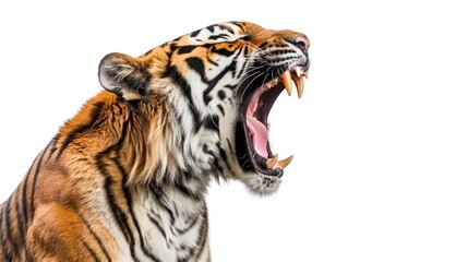 Ferocious tiger roaring with mouth wide open against pristine white backdrop