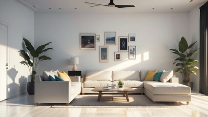 Modern living room interior with a white sofa, colorful pillows, and framed wall art, illuminated by natural light.