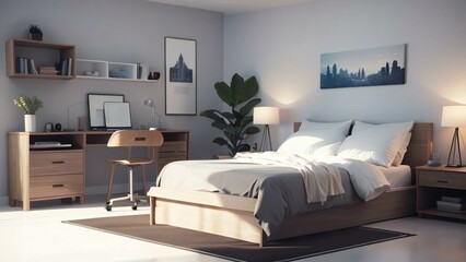 Modern bedroom interior with a neatly made bed, wooden furniture, and decorative plants, illuminated by natural light.