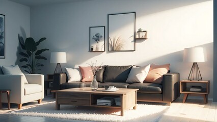 Modern living room interior with a cozy sofa, stylish furniture, and elegant decor under soft lighting.