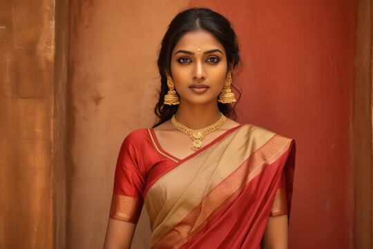 Young indian woman in traditional red color saree