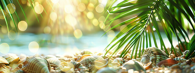 Tropical atmosphere: Palm leaf in the sun on sea background...Holiday: Shells, palm trees and sea in a single shot. - 790226802
