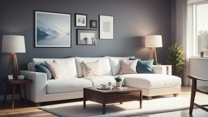 Modern living room with a white sectional sofa, framed wall art, and ambient lighting.