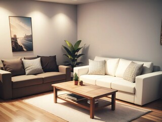 A cozy living room with a modern beige sofa, decorative pillows, a wooden coffee table, and indoor plants, creating a warm and inviting space.