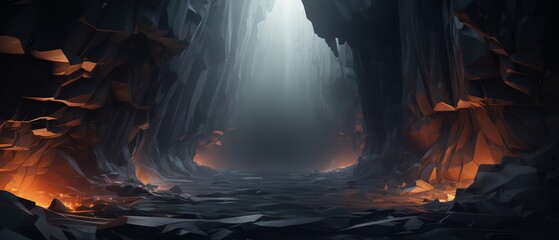 Realistic 3D canyon with geometric rocks, minimalist dark style,