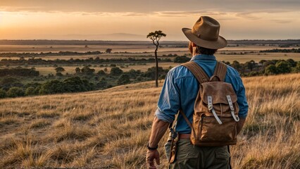 man on his back with backpack and hat, adventurous hiker on vacation trip in africa