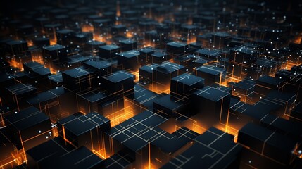 Obraz premium Realistic 3D squares forming a dark, geometric minimalist map of the internet,