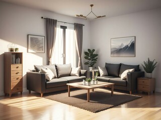 Modern living room interior with comfortable sofa, wooden furniture, and decorative plants under natural light.