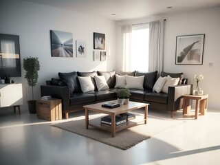 Modern living room with a large black sofa, wooden furniture, and wall art in a well-lit interior.