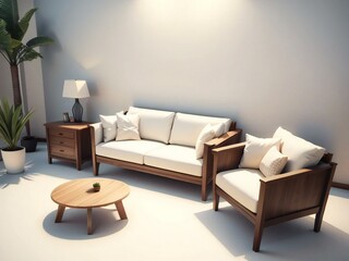 A modern living room setup with a white sofa, wooden coffee table, and side table with a lamp.