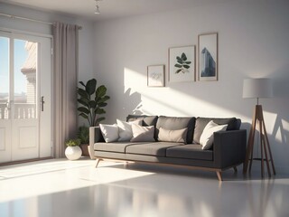 Modern living room with a gray sofa, wooden floor, and large windows allowing natural light to illuminate the space. Decor includes a floor lamp, framed artwork, and indoor plants.