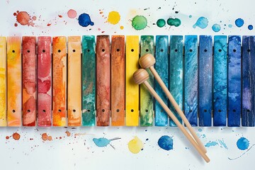 Musical xylophone, rainbow bars, watercolor, topdown view, mallets in motion - obrazy, fototapety, plakaty