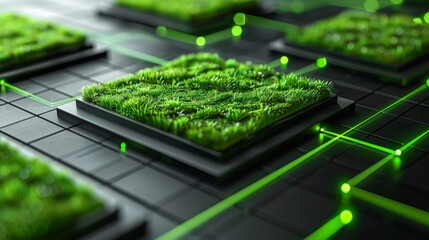circuit board with green grass and glowing green lines