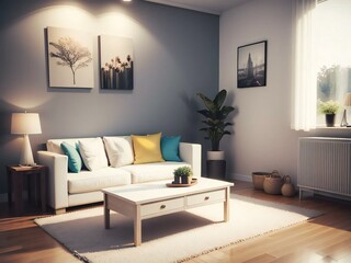 Cozy living room interior with a white sofa, colorful pillows, and a coffee table under soft lighting.