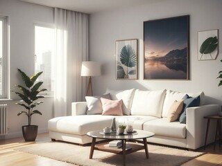 Modern living room with a white sofa, coffee table, and wall art in a bright apartment.