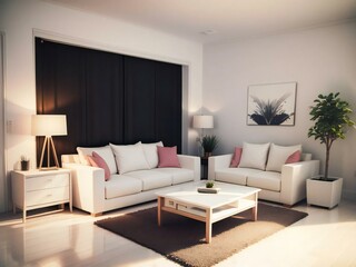 Modern living room with white sofas, a coffee table, and decorative plants under soft lighting.