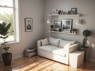 A modern living room with a white sofa, wooden floor, and decorative plants near a large window.