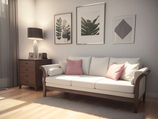 Elegant living room interior with a white sofa adorned with pink cushions, wooden floor, and decorative wall art.