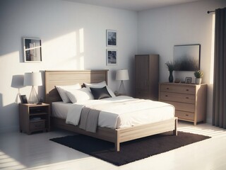 A modern bedroom with a large bed, wooden furniture, and soft lighting creating a cozy atmosphere.