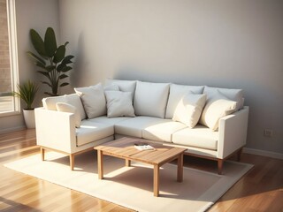 A modern living room with a white sectional sofa, wooden coffee table, and a potted plant by the window.