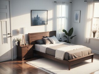 Modern bedroom interior with a neatly made bed, stylish furniture, and a framed picture above the bed. Sunlight streams through the window, creating a warm and inviting atmosphere.