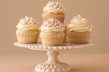 Cupcakes with white frosting on a vintage cake stand. - obrazy, fototapety, plakaty