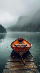 A wooden row boat sits on a wooden dock on a misty lake with a forest on the shore and mountains in...