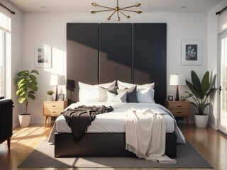 Modern bedroom interior with a large bed, stylish furniture, and decorative plants in a well-lit room.