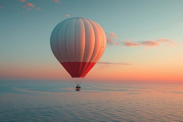 Colorful hot air balloon drifts across a breathtaking sunset sky