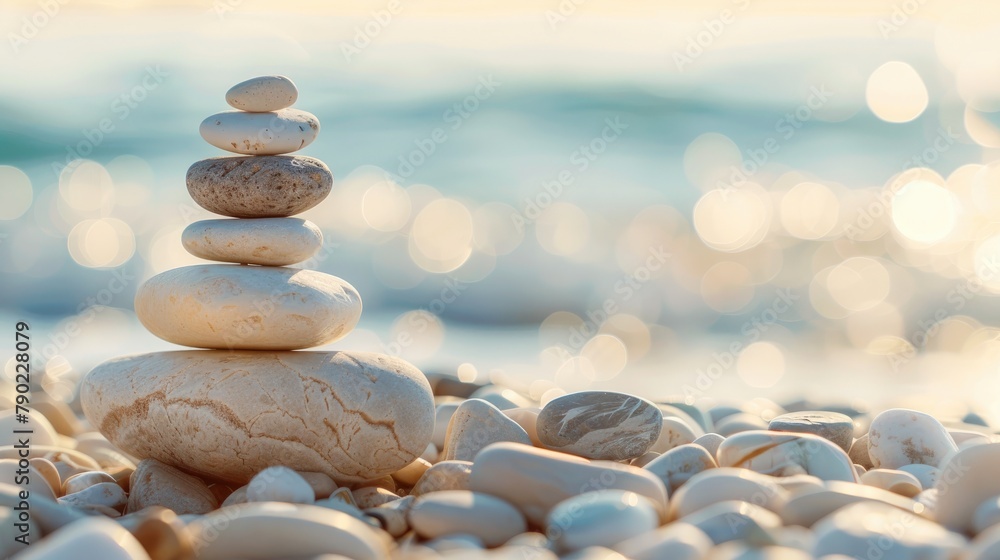 Aufkleber stones stacking on pebble shore representing tranquility equilibrium and unity with blurred backgrou