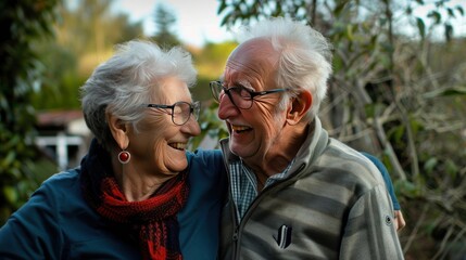 An elderly couple is smiling and laughing together.